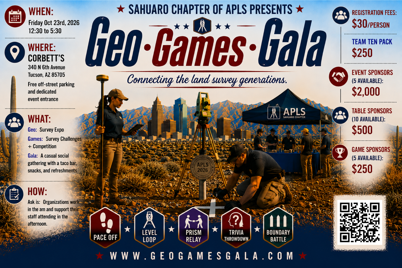 GeoGamesGala event poster featuring surveyors, the Tucson skyline, event details, sponsorships, and a registration QR code