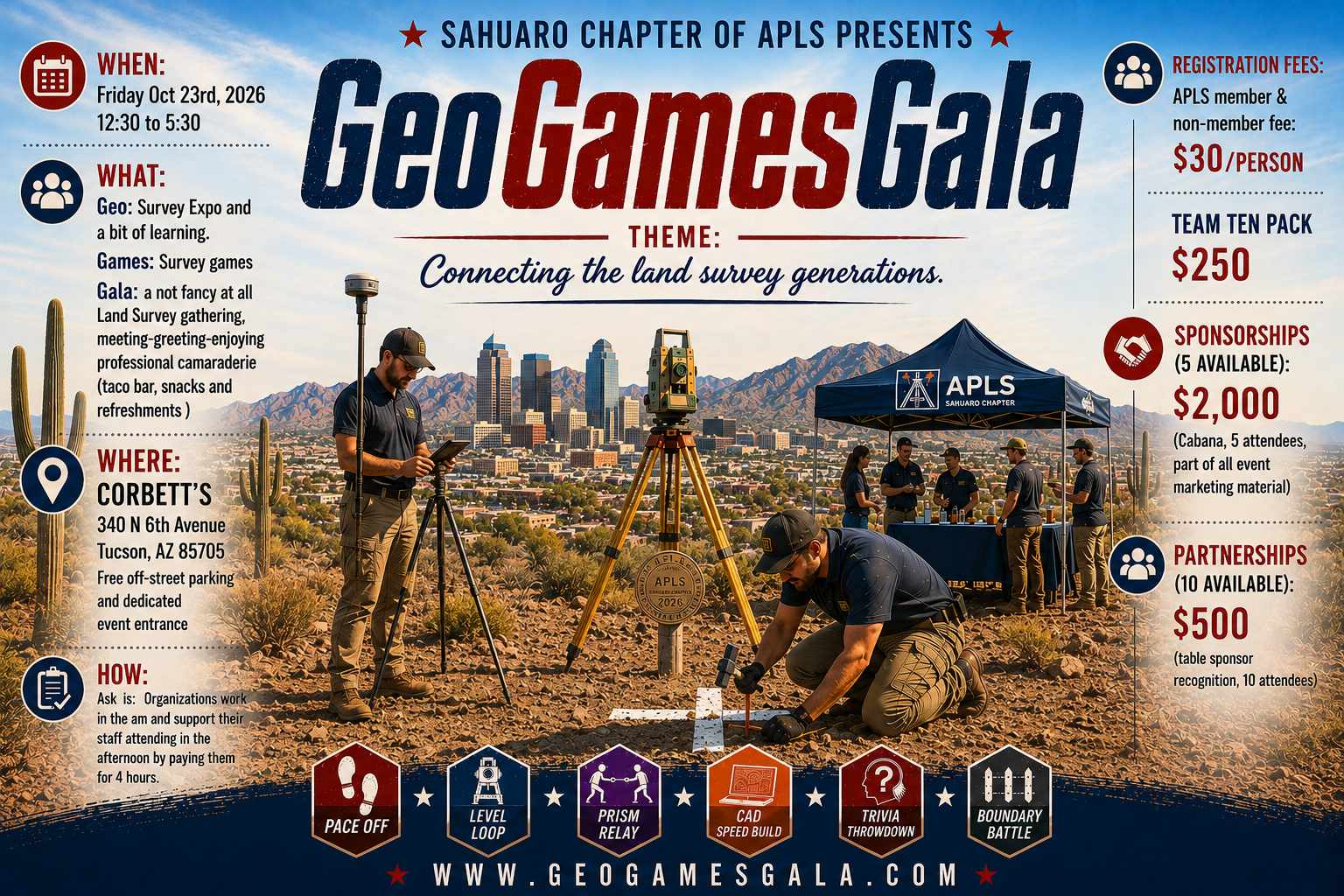 GeoGamesGala poster featuring land surveyors, survey equipment, downtown Tucson, event details, and registration information